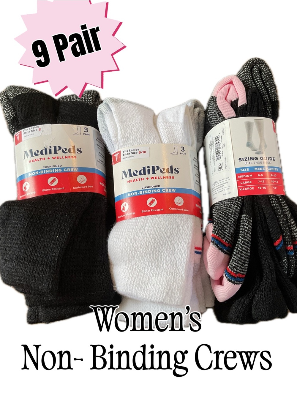 9 Pair Women’s MediPeds Non Binding Crews